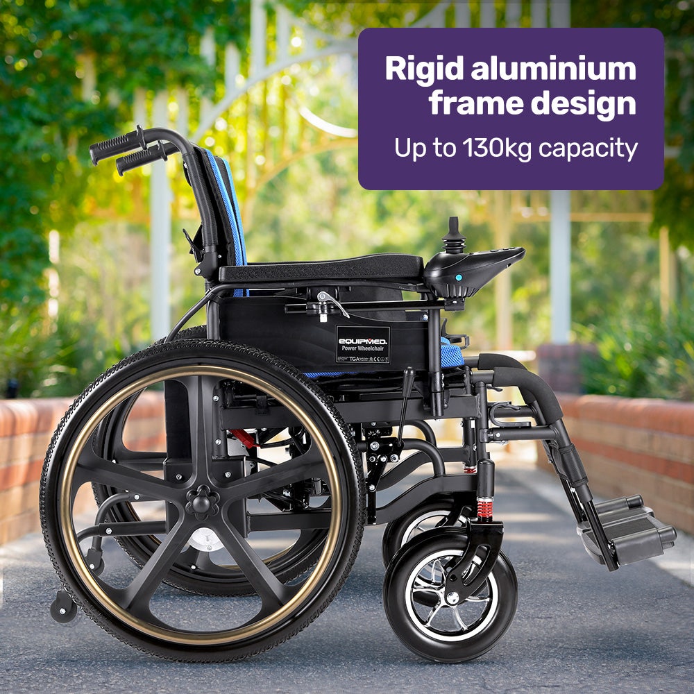 EQUIPMED Electric Wheelchair Folding, Long Range, Airline Approved, Lithium Battery, 24" Light Rear Wheels, Matte Black/Blue