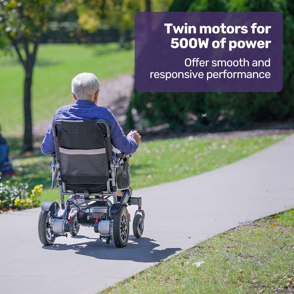 EQUIPMED Electric Folding Wheelchair Power, Long Range, Folding, Aluminium Frame, Lithium Battery, Blue