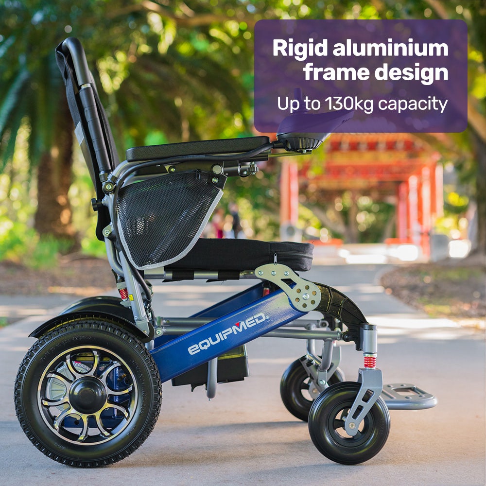 EQUIPMED Electric Folding Wheelchair Power, Long Range, Folding, Aluminium Frame, Lithium Battery, Blue