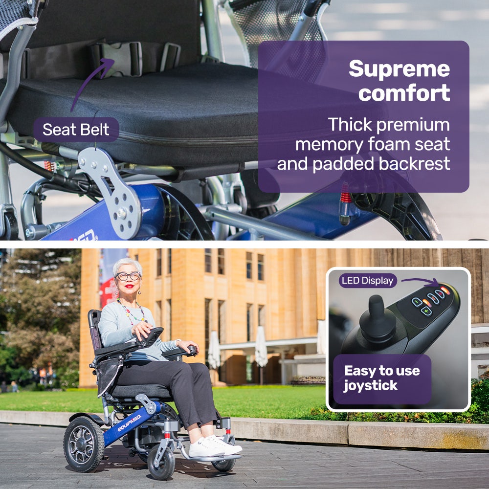 EQUIPMED Electric Folding Wheelchair Power, Long Range, Folding, Aluminium Frame, Lithium Battery, Blue