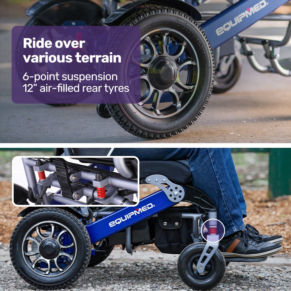 EQUIPMED Electric Folding Wheelchair Power, Long Range, Folding, Aluminium Frame, Lithium Battery, Blue