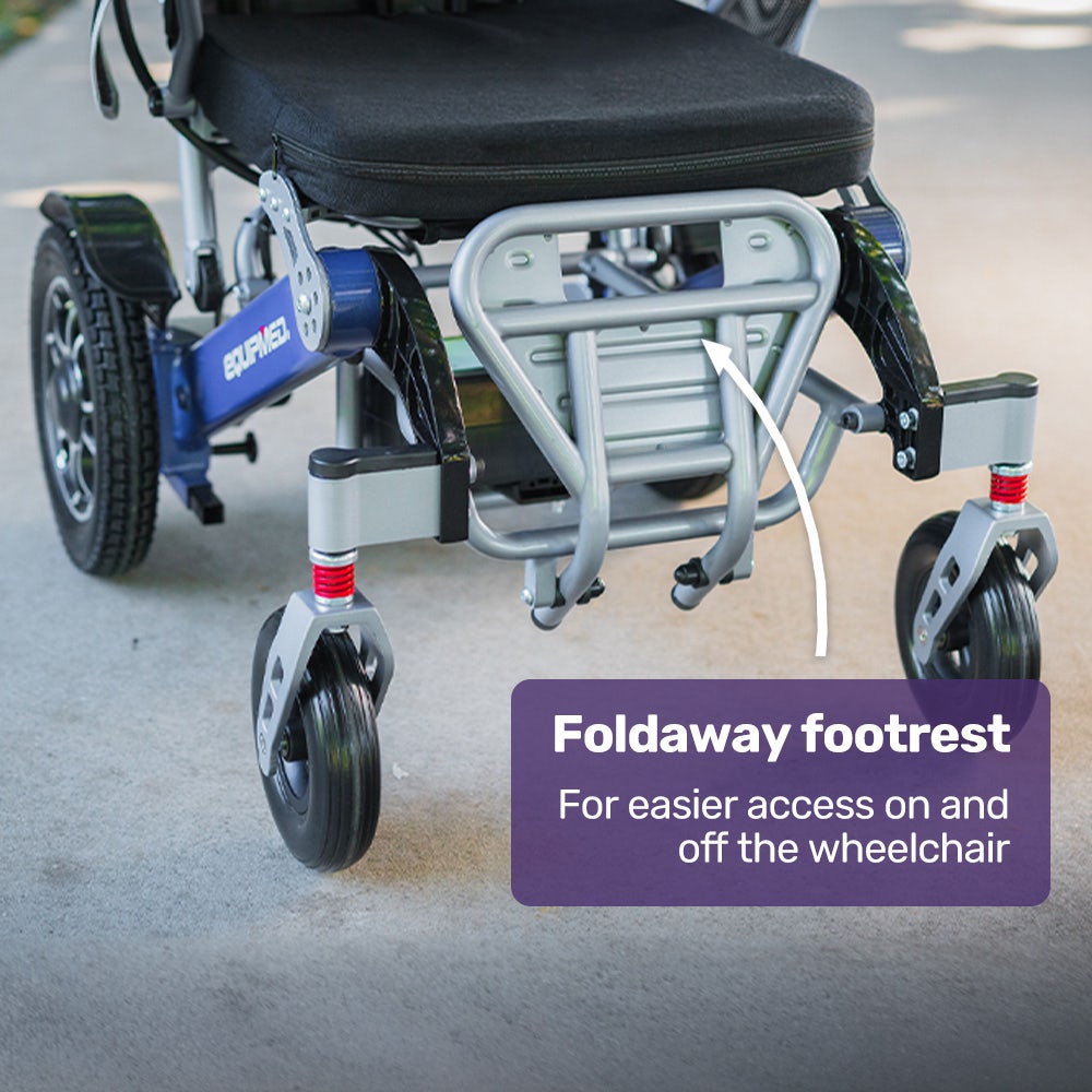 EQUIPMED Electric Folding Wheelchair Power, Long Range, Folding, Aluminium Frame, Lithium Battery, Blue