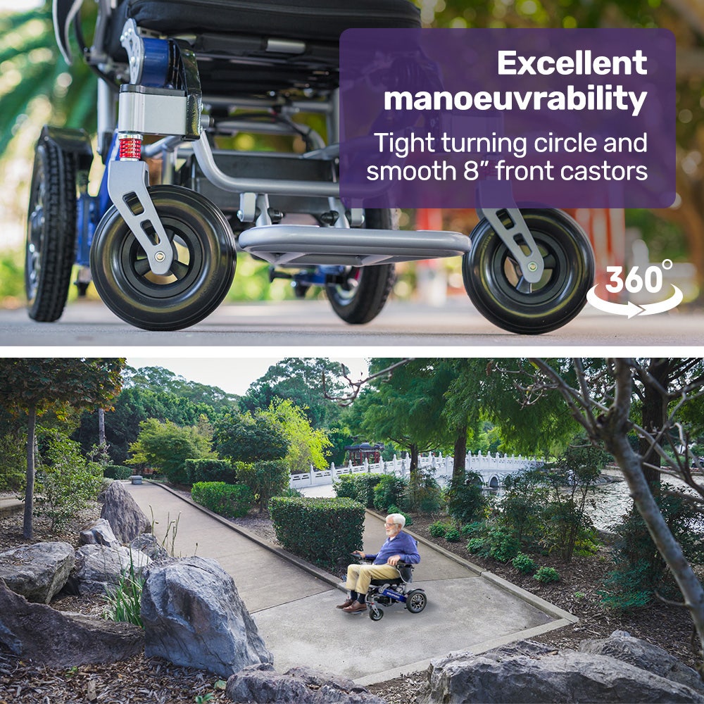 EQUIPMED Electric Folding Wheelchair Power, Long Range, Folding, Aluminium Frame, Lithium Battery, Blue