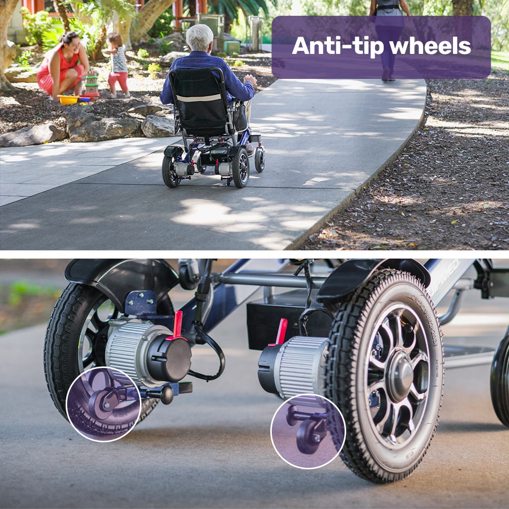 EQUIPMED Electric Folding Wheelchair Power, Long Range, Folding, Aluminium Frame, Lithium Battery, Blue