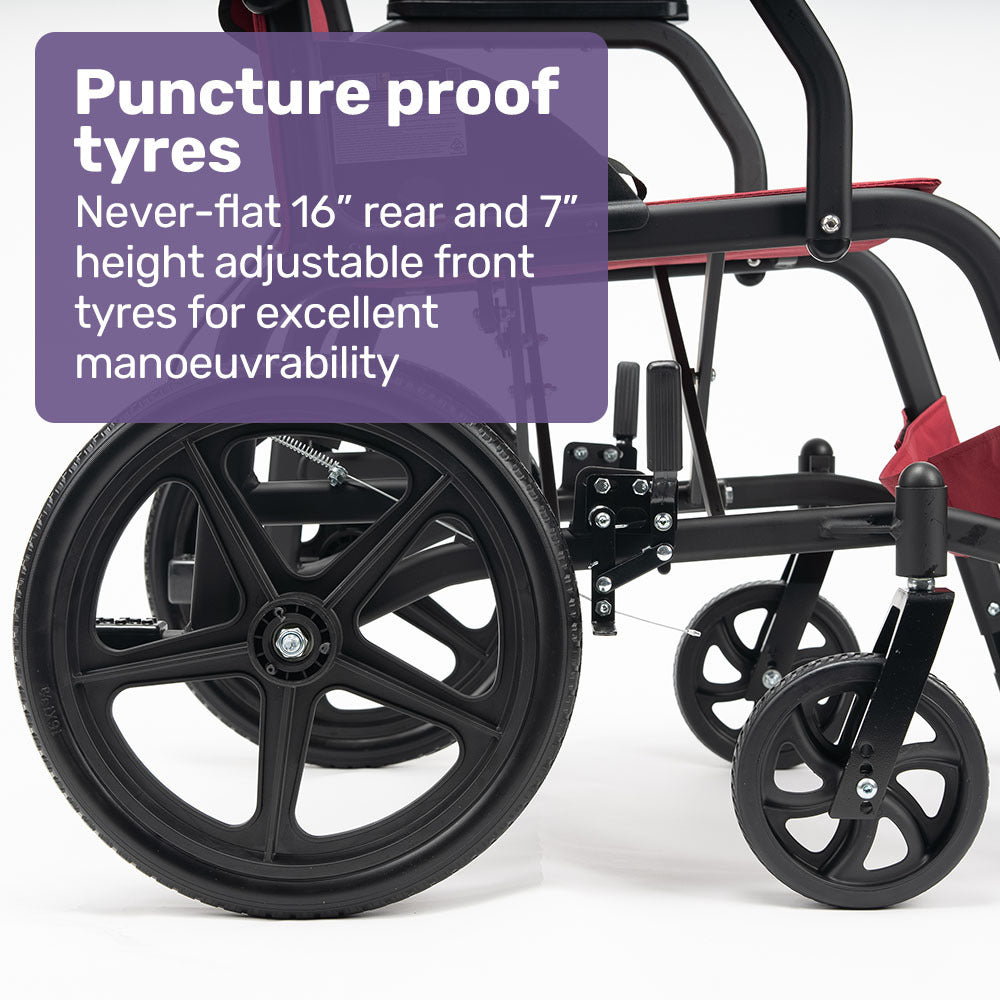 Equipmed Folding Transit Wheelchair, Lightweight Aluminium for Easy Transport, Crimson Red