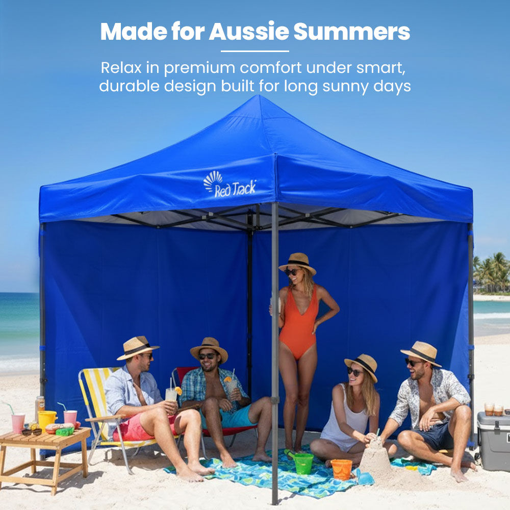 RED TRACK 3x3m Premium Pop Up Gazebo Marquee, Patented Steel Cable Canopy Support System, Wheeled Carry Bag, Side Walls, UV Block, Reinforced Frame, Blue