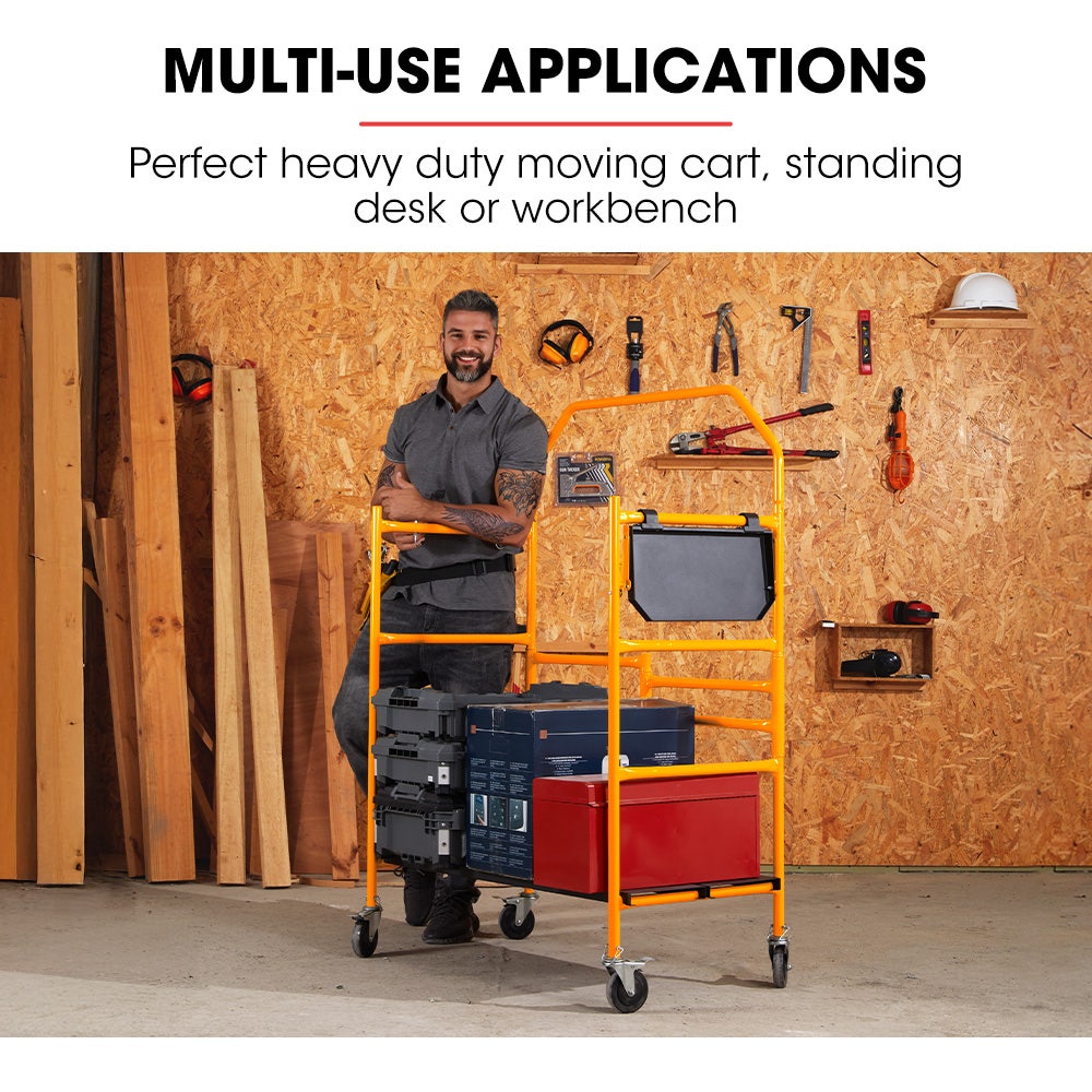 BAUMR-AG Mobile Scaffold Platform, 226kg Load, Steel Frame, Dual Height, Folding for easy Transport and Storage, Locking Castors, Tool Tray