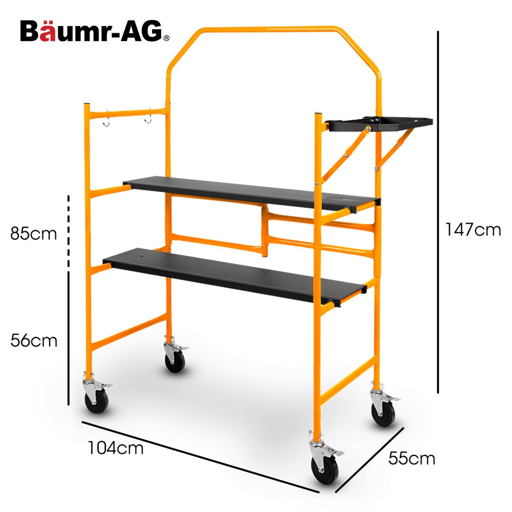 BAUMR-AG Mobile Scaffold Platform, 226kg Load, Steel Frame, Dual Height, Folding for easy Transport and Storage, Locking Castors, Tool Tray