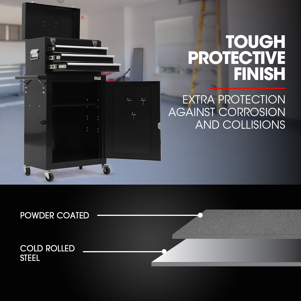 Bullet Pro 3 Drawer Tool Box Cabinet Trolley Storage, with 1-Door Toolbox Garage Organiser Set, Black