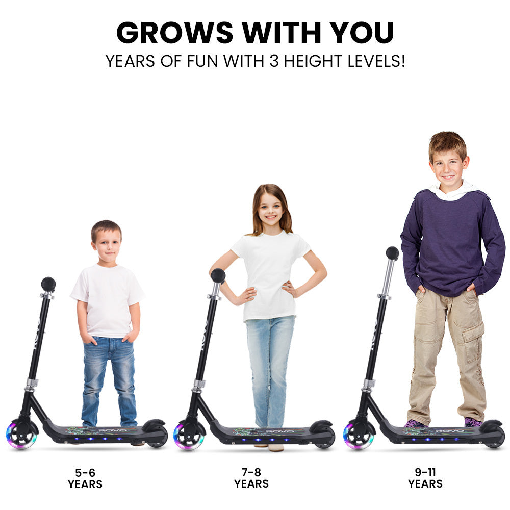 ROVO KIDS WhizKid Electric Scooter, Ages 5-11, Adjustable Height, Lithium Battery, Brushless Motor, Black