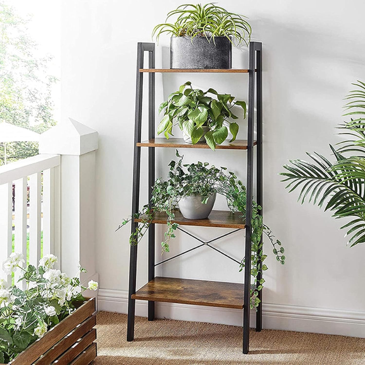 EKKIO 4-Tiers Metal Wood Ladder Shelf EK-WBS-101-YXH