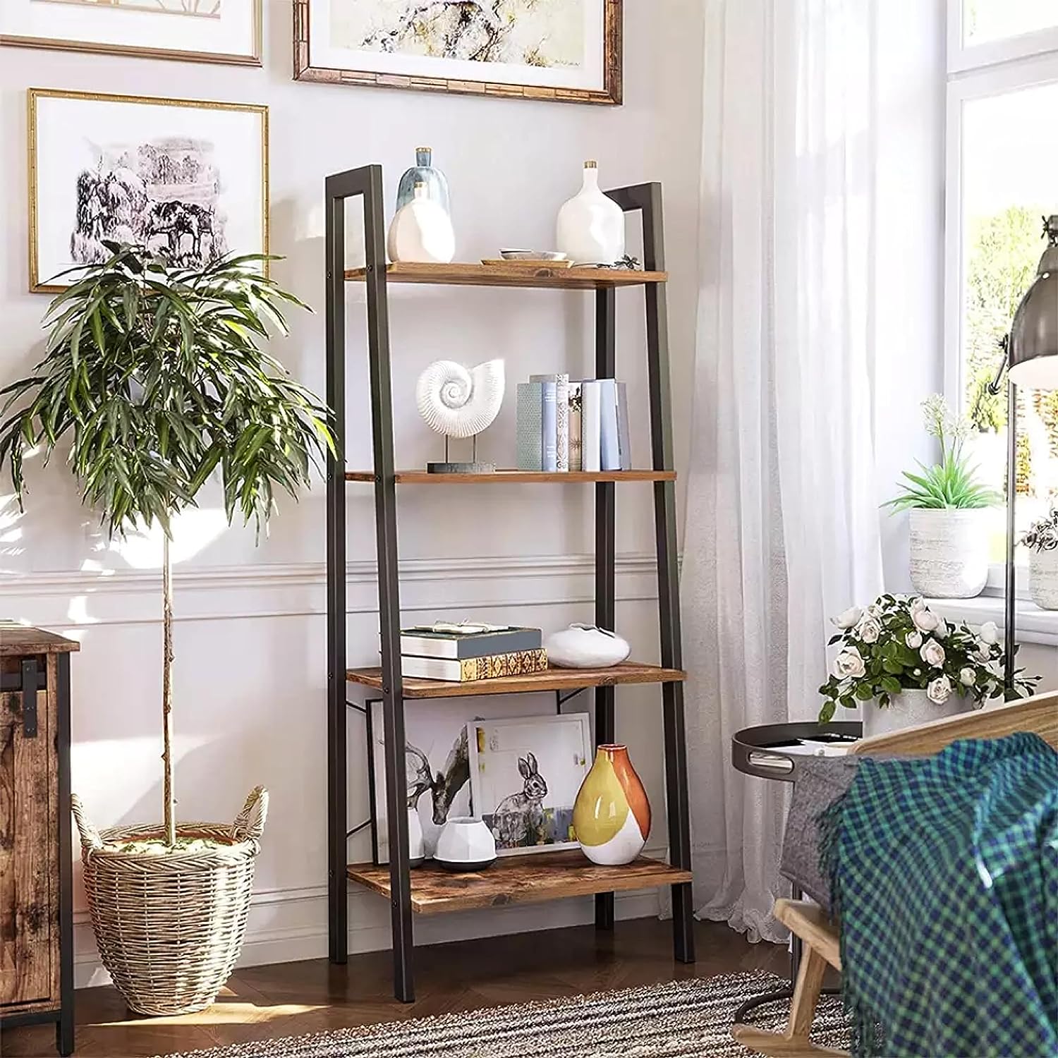 EKKIO 4-Tiers Metal Wood Ladder Shelf EK-WBS-101-YXH