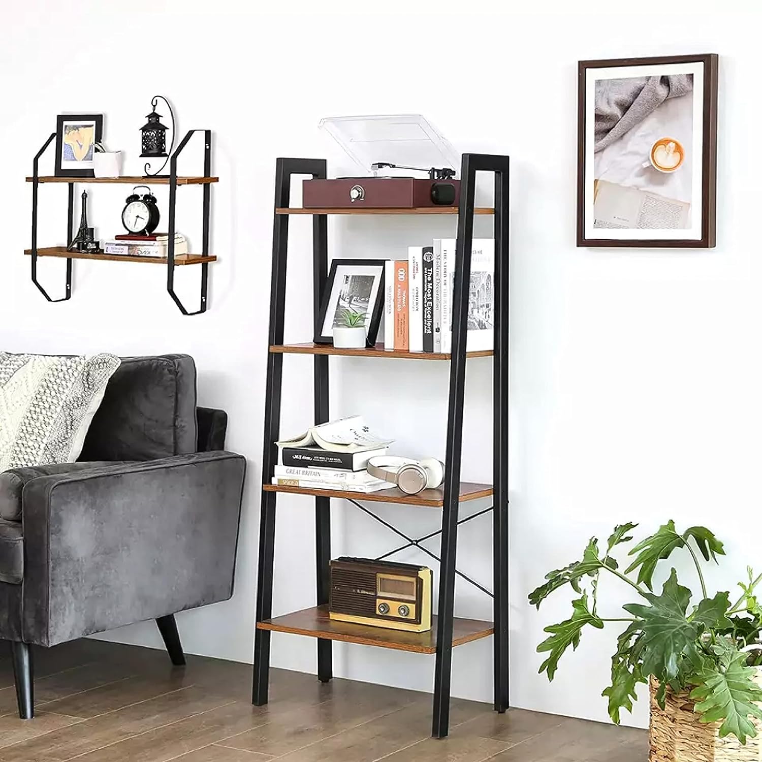 EKKIO 4-Tiers Metal Wood Ladder Shelf EK-WBS-101-YXH