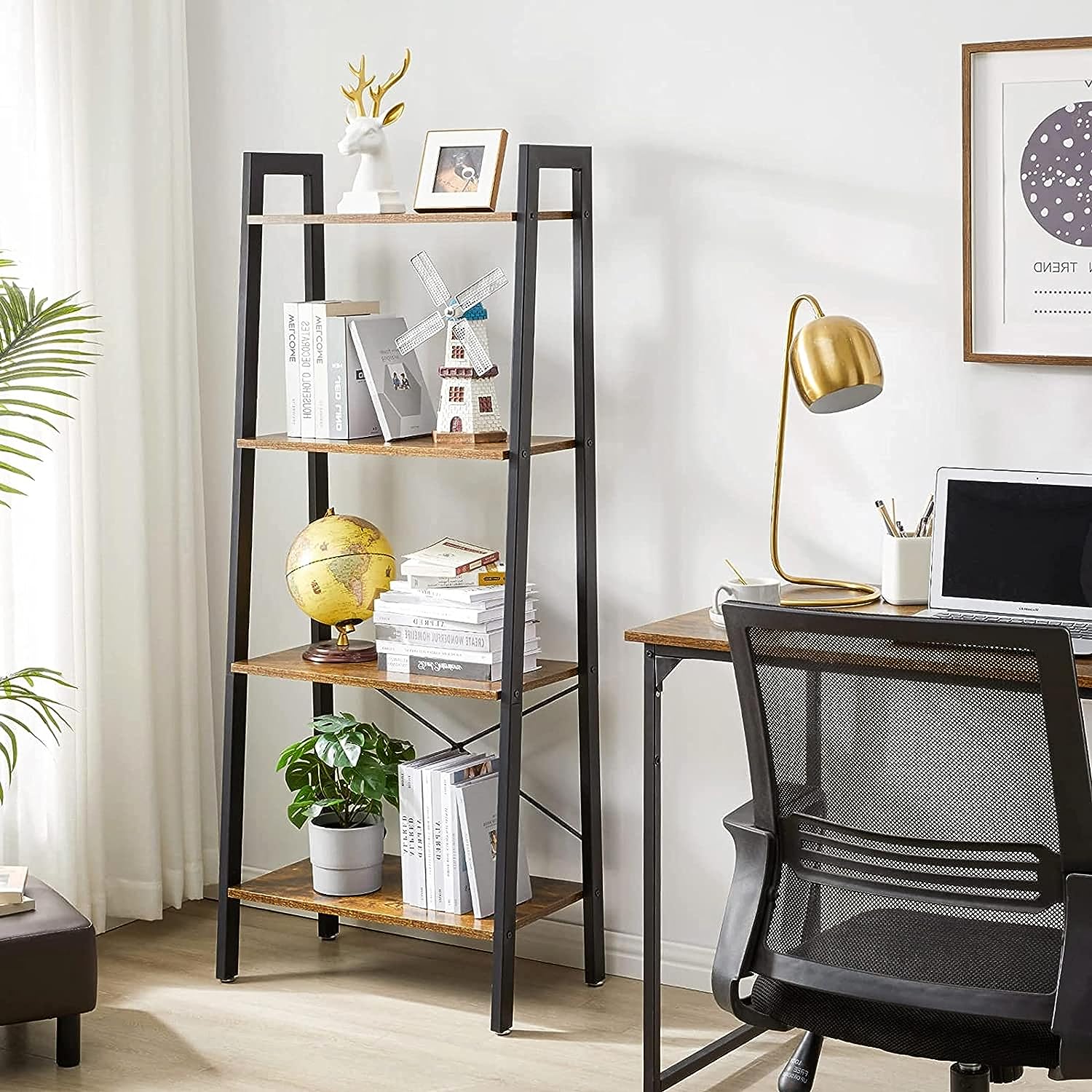 EKKIO 4-Tiers Metal Wood Ladder Shelf EK-WBS-101-YXH