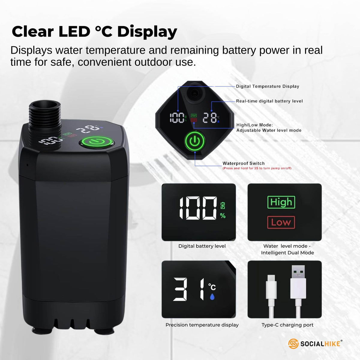 Social Hike Portable Camping Shower Kit - 6000MAh Outdoor Rechargeable Pump LED