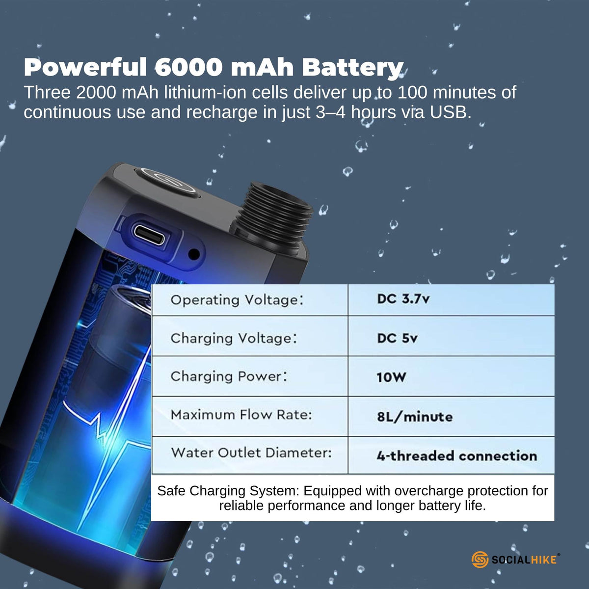 Social Hike Portable Camping Shower Kit - 6000MAh Outdoor Rechargeable Pump LED
