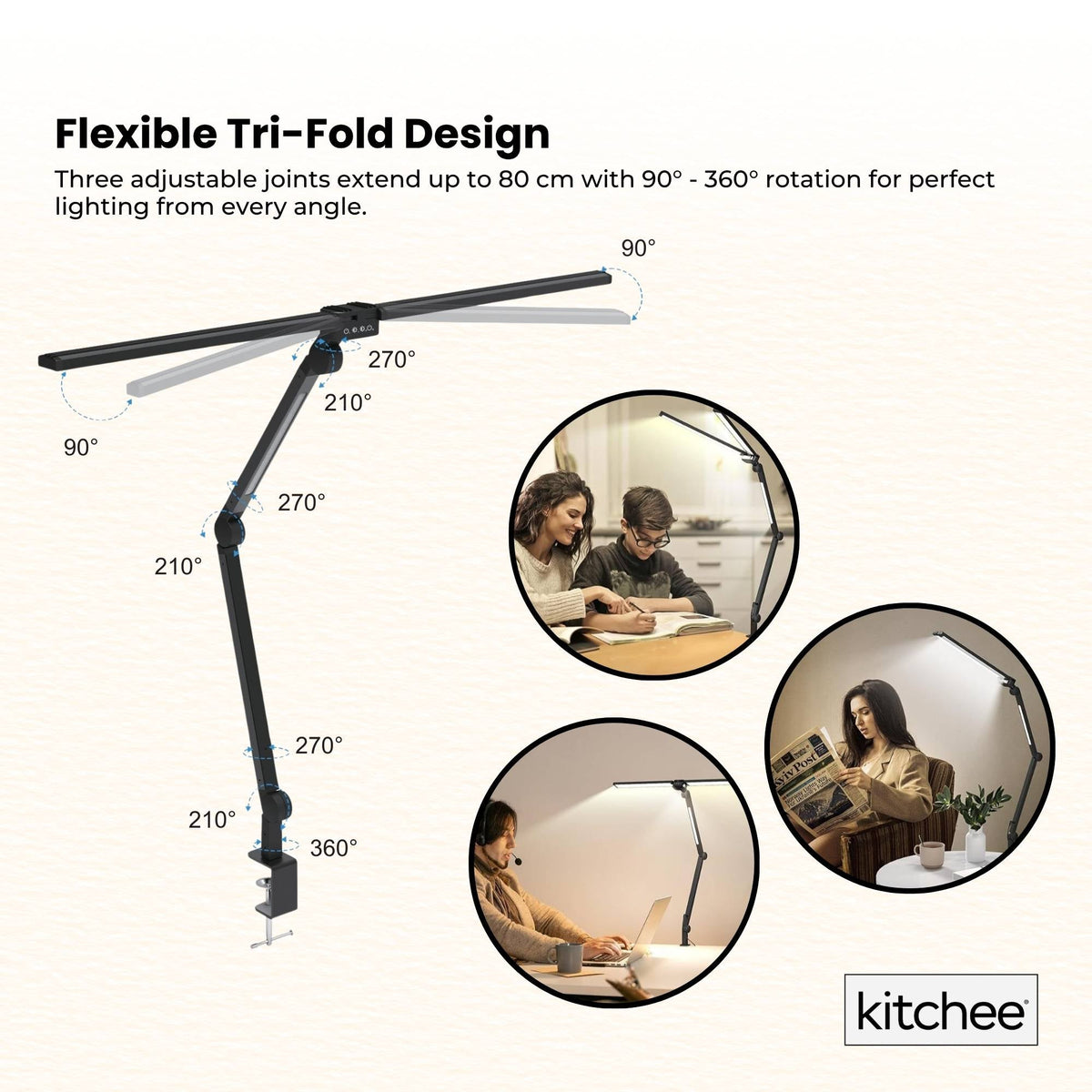 Kitchee Tri-Fold LED Desk Lamp with Clamp - Swinging Arm Eye-Care Dimmable Light