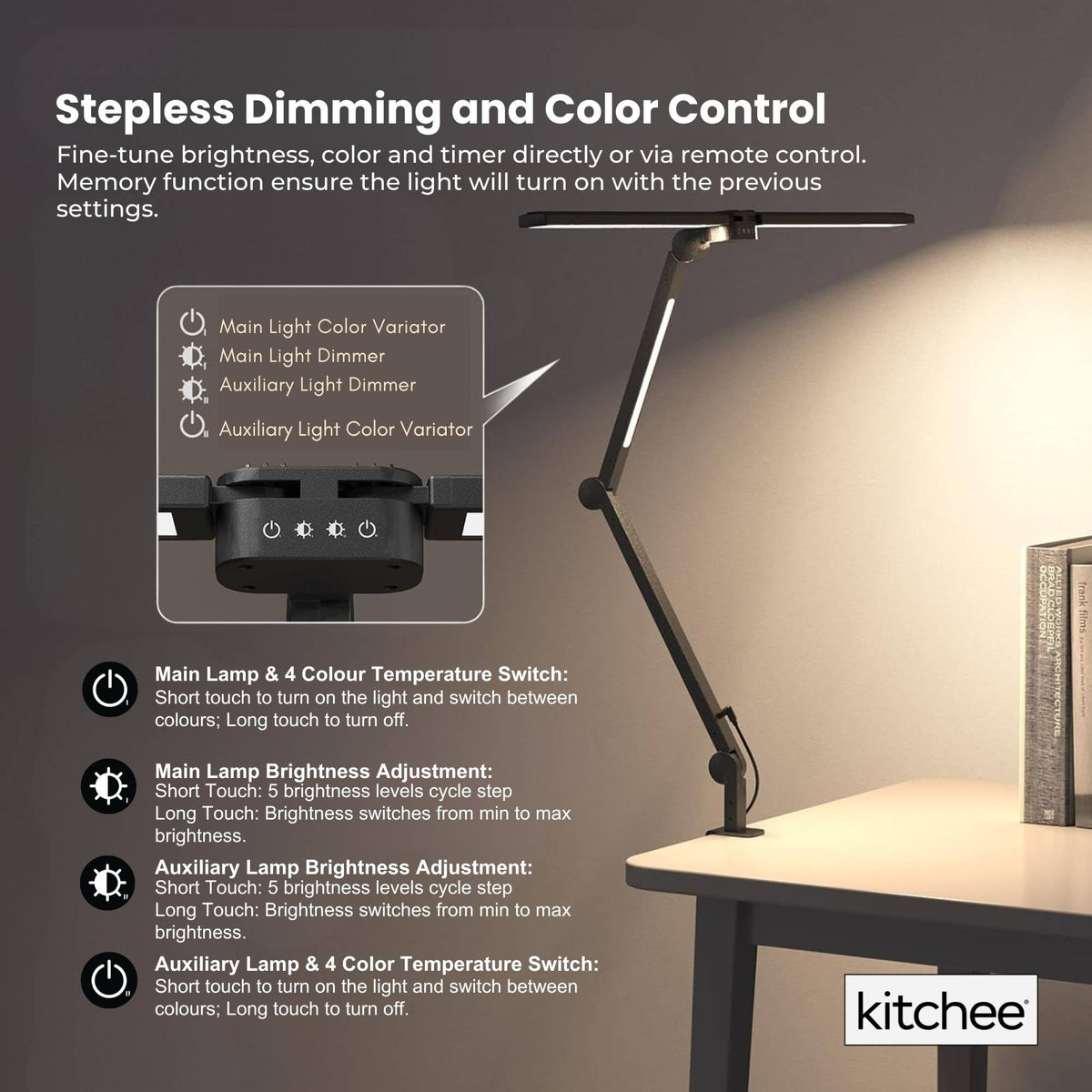 Kitchee Tri-Fold LED Desk Lamp with Clamp - Swinging Arm Eye-Care Dimmable Light
