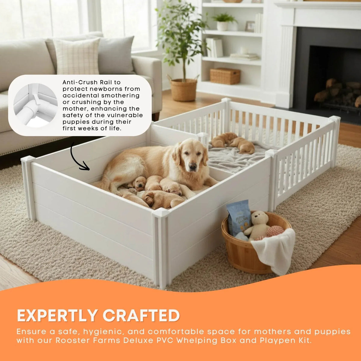 Rooster Farms 2.3m x 1.15m PVC Dog Whelping Box + Playpen Kit - Anti-Crush Rail
