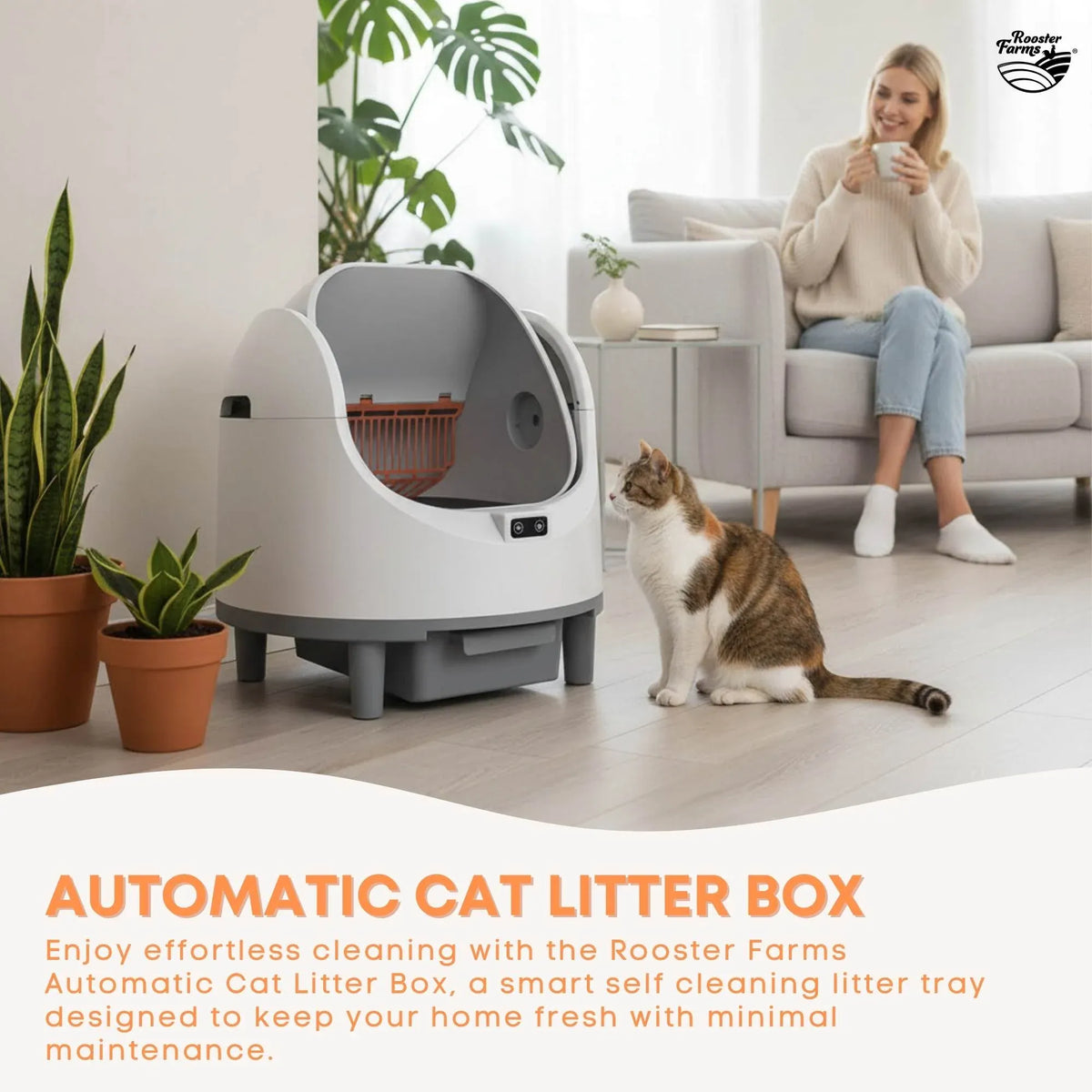 Rooster Farms Smart Cat Litter Box Automatic WiFi Self Cleaning Tray 68L