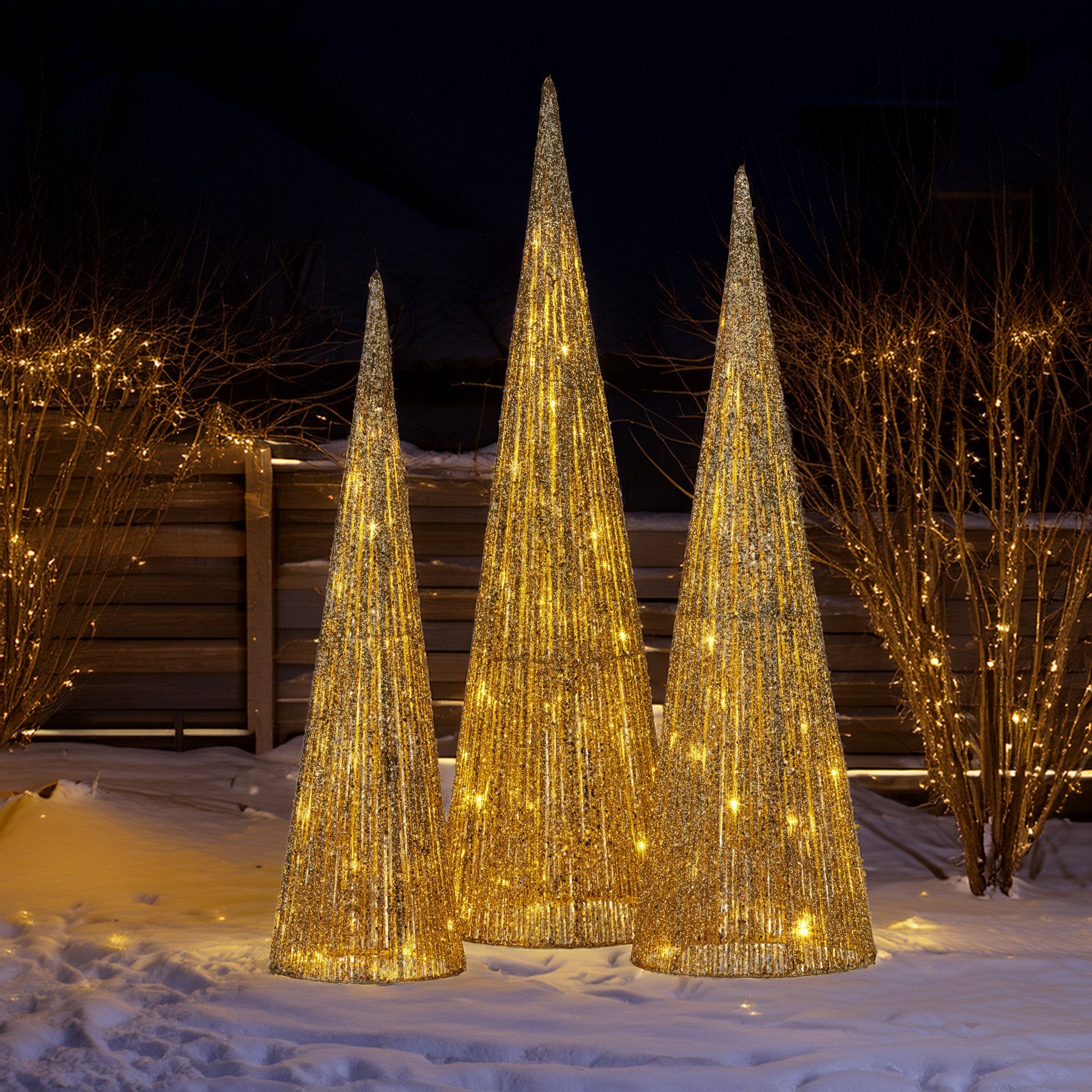 Christabelle Pre-lit Gold Cone Christmas Trees Set Of 3 Warm White Led Lights