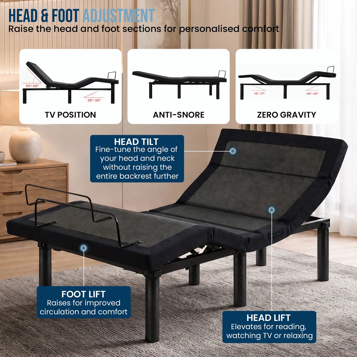 Therapedic Advance Long Single Adjustable Bed Frame Base with Head Tilt, Massage, USB & Wireless Remote