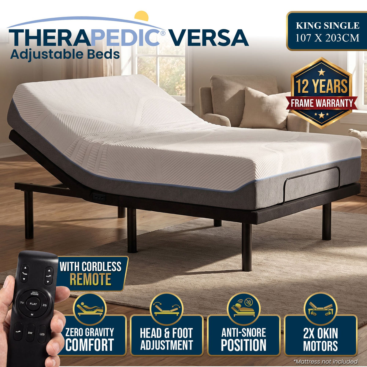 Therapedic Versa Electric King Single Adjustable Bed Base Frame with Massage Dual Motor Zero Gravity & Wireless Remote