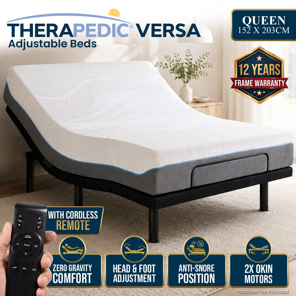 Therapedic Versa Electric Queen Adjustable Bed Base Frame with Massage Dual Motor Zero Gravity & Wireless Remote