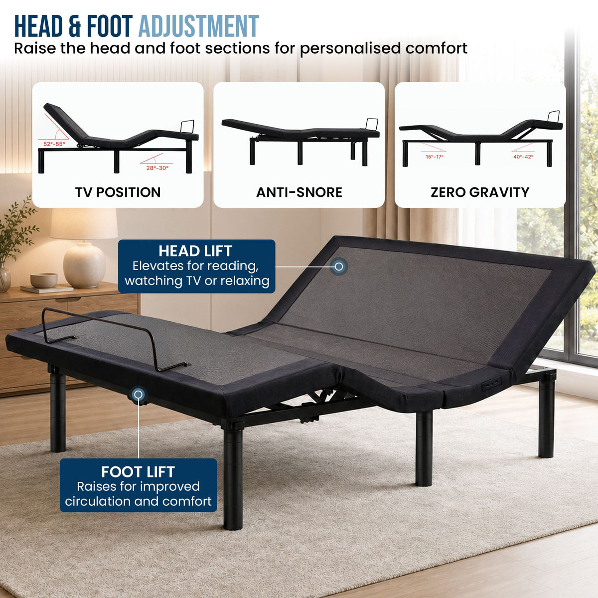 Therapedic Versa Electric Queen Adjustable Bed Base Frame with Massage Dual Motor Zero Gravity & Wireless Remote