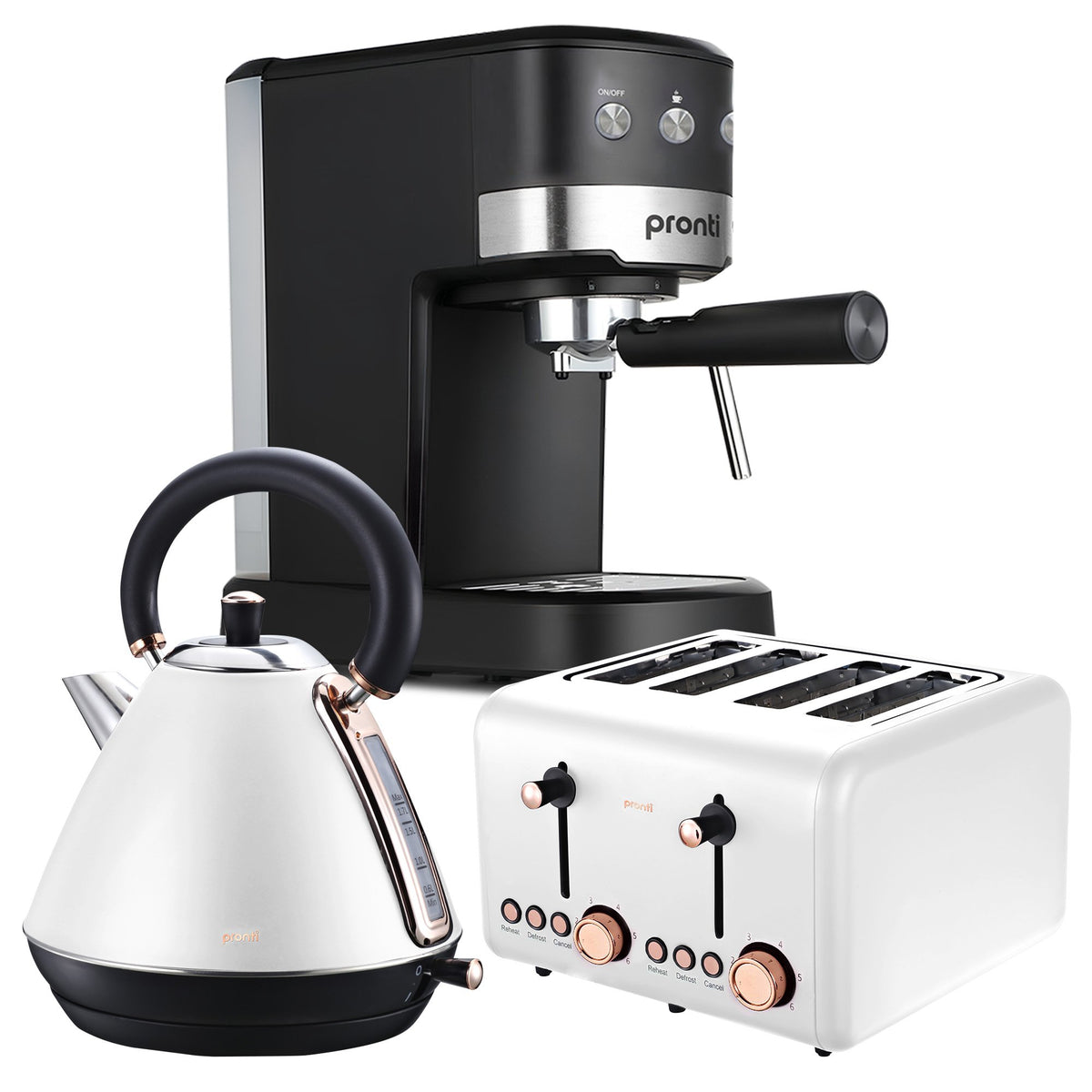 Pronti Breakfast Set with Rose Gold Kettle & Toaster with 1.2L Espresso Machine - White