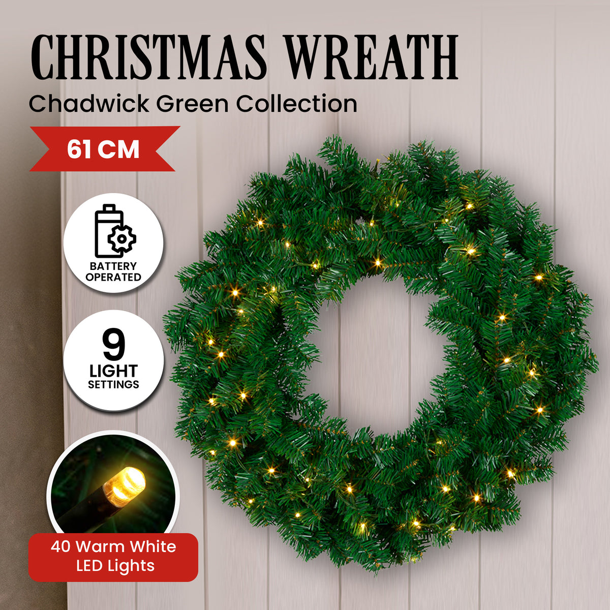 Christabelle 61cm Chadwick Christmas Wreath with LED Lights Front Door Decoration Ornament