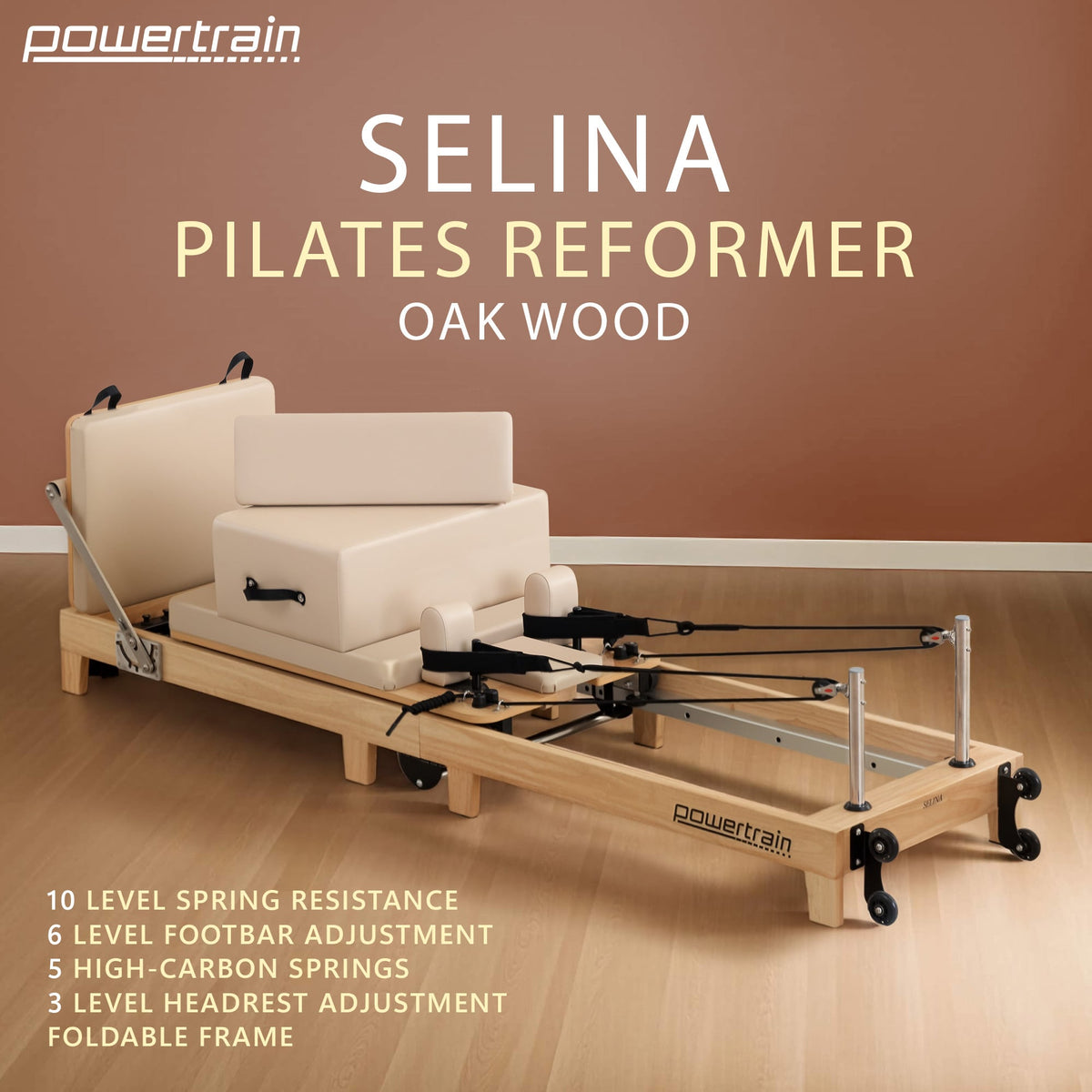 Powertrain Selina Foldable Oak Wood Pilates Reformer Machine with 5 Springs for Home Gym Workout Fitness Equipment