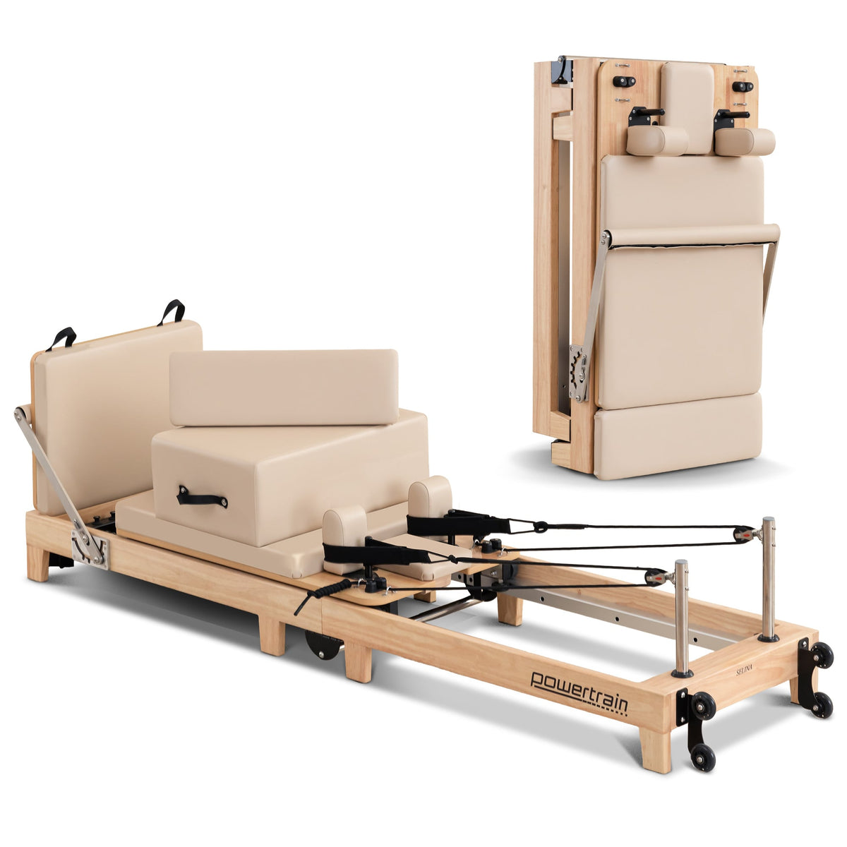 Powertrain Selina Foldable Oak Wood Pilates Reformer Machine with 5 Springs for Home Gym Workout Fitness Equipment