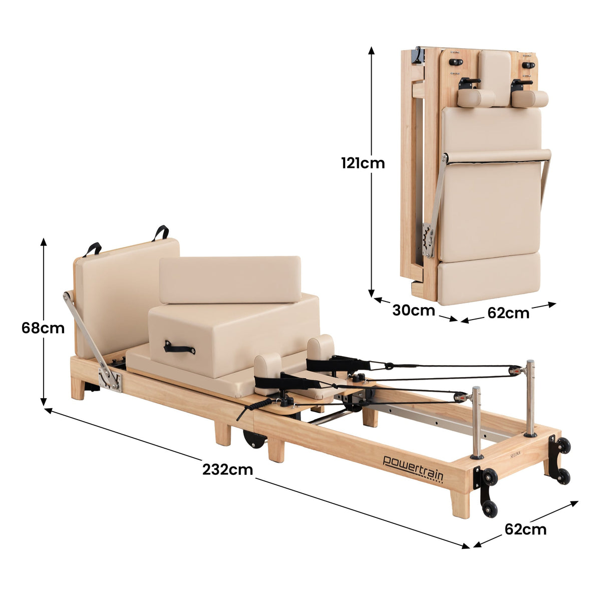 Powertrain Selina Foldable Oak Wood Pilates Reformer Machine with 5 Springs for Home Gym Workout Fitness Equipment