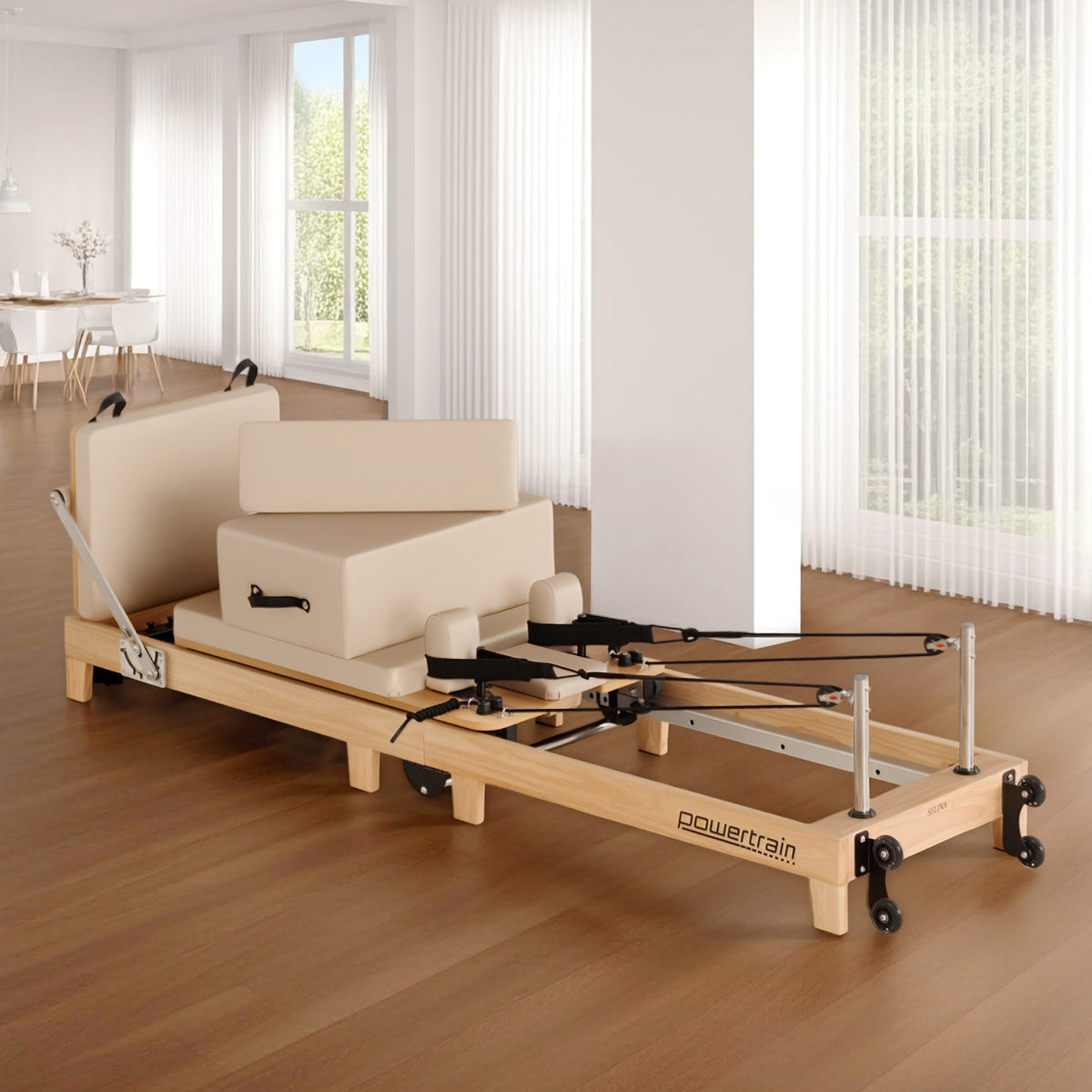 Powertrain Selina Foldable Oak Wood Pilates Reformer Machine with 5 Springs for Home Gym Workout Fitness Equipment