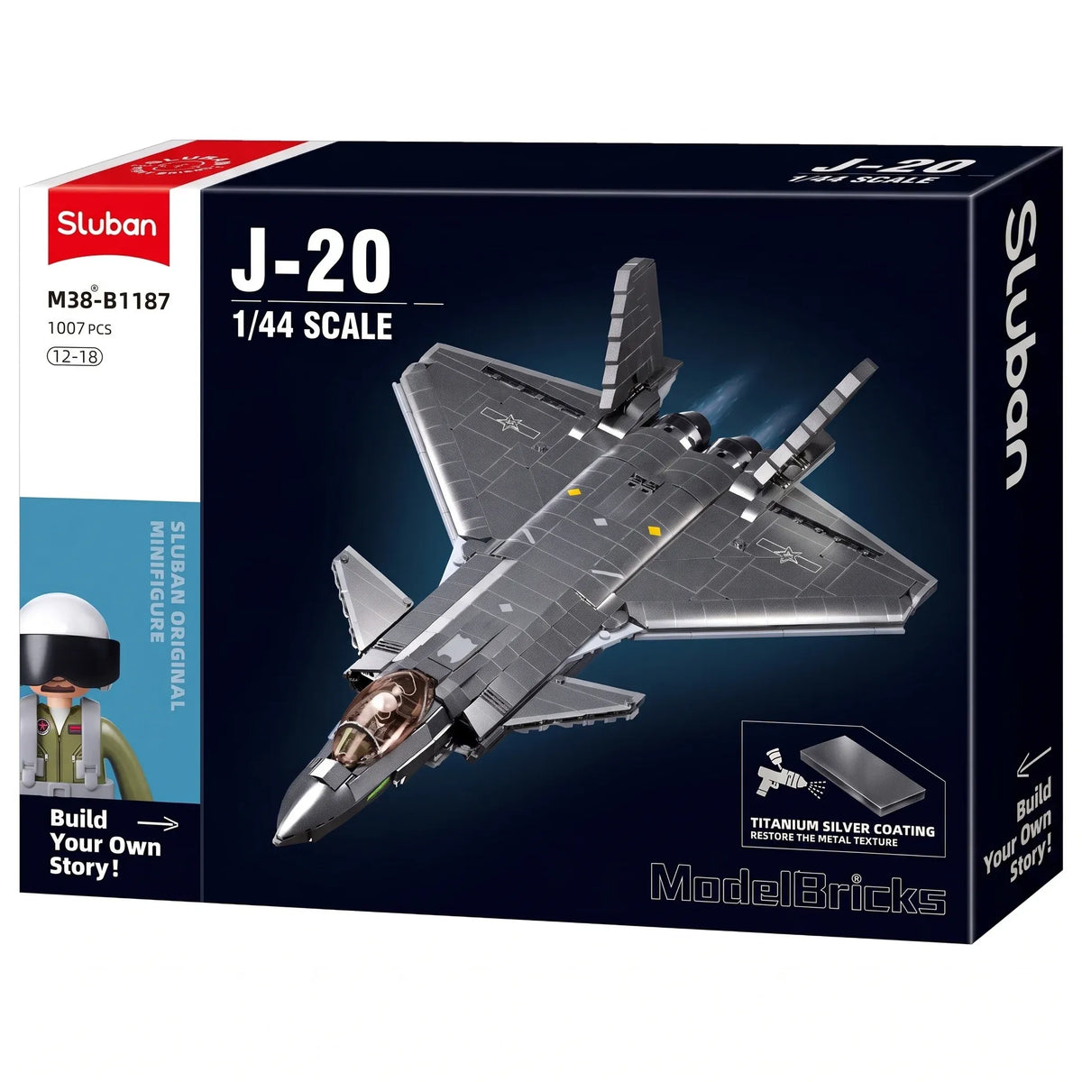 Sluban B1187 Model Kit 1:44 J20 Mighty Dragon Chinese Stealth Fighter Jet Plane Modern PLAAF Building Block DIY Set Toy