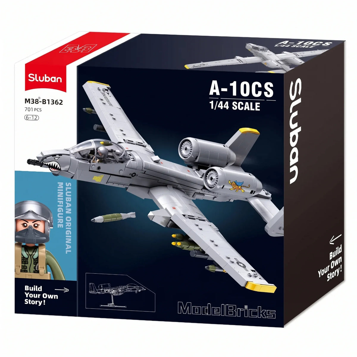 Sluban B1362 Model Kit 1:44 A10 Warthog Thunderbolt Attack Jet Fighter Plane USAF Military Building Blocks DIY Set Toy