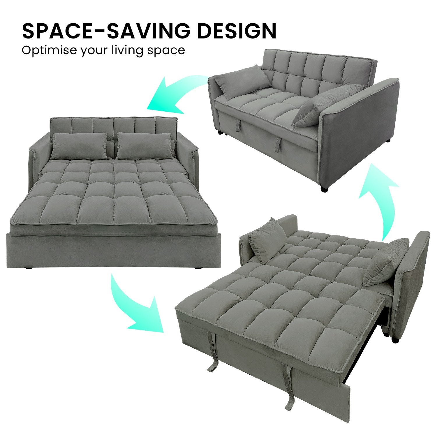 Sarantino Quincy 2-Seater Velvet Sofa Bed in Dark Grey with Wooden Frame and Tufted Design