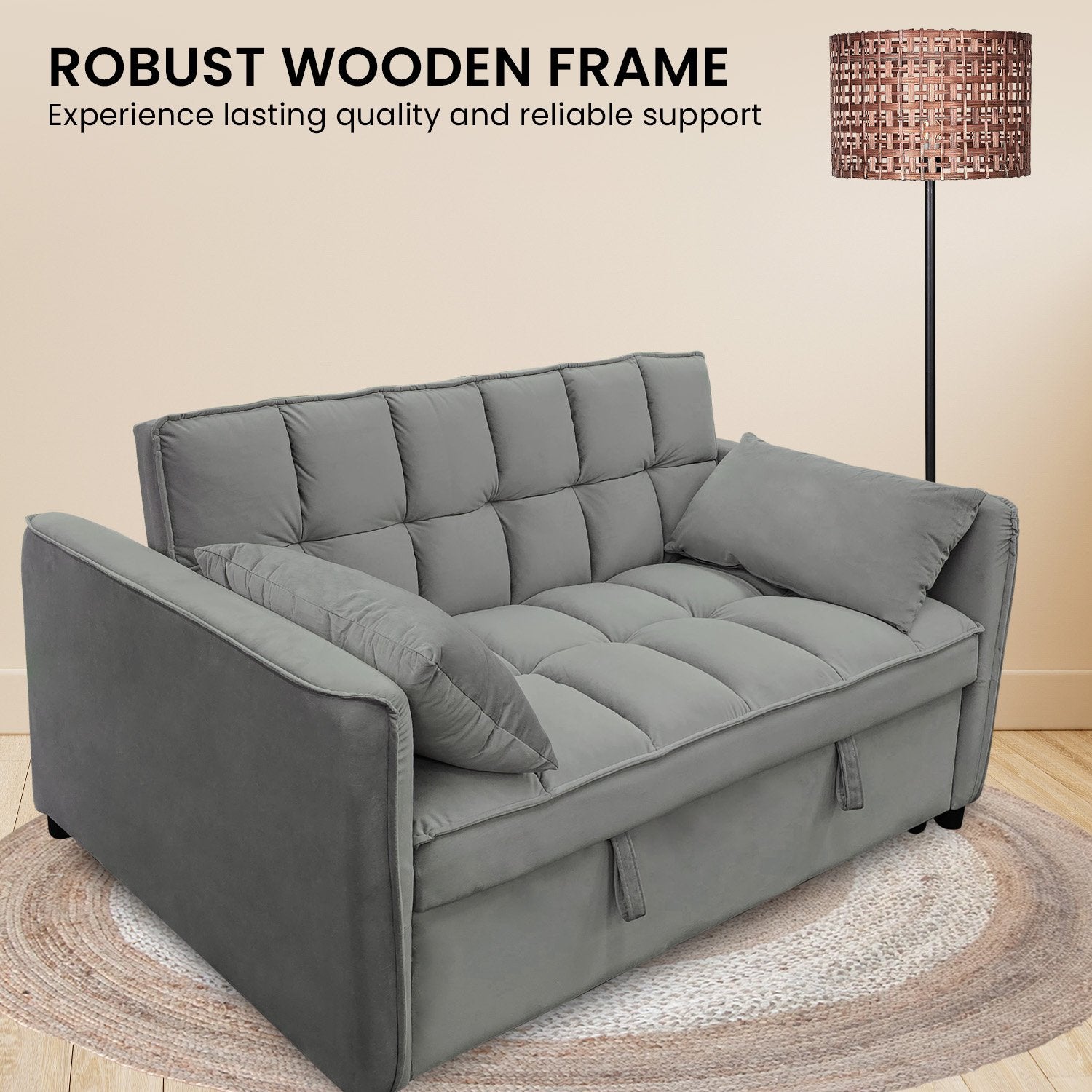 Sarantino Quincy 2-Seater Velvet Sofa Bed in Dark Grey with Wooden Frame and Tufted Design