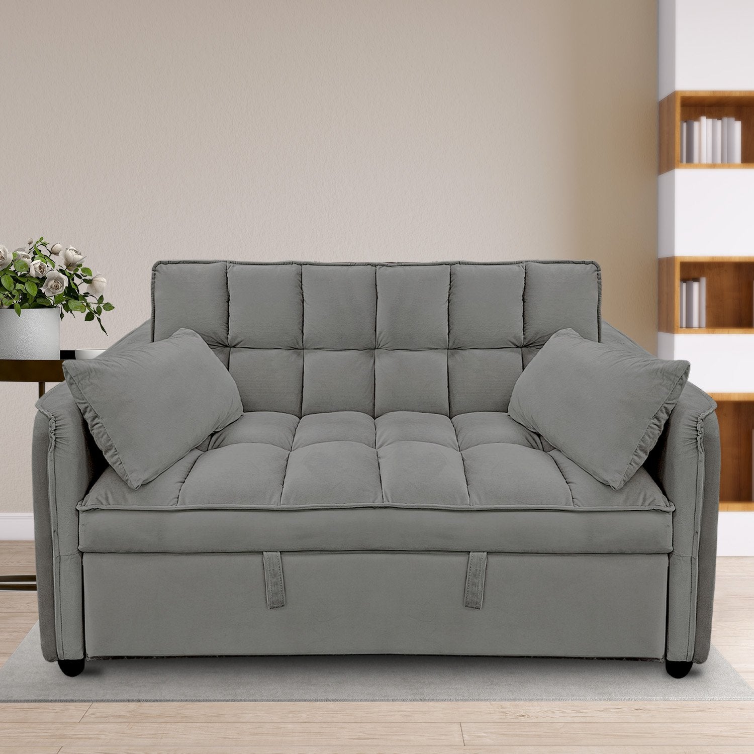 Sarantino Quincy 2-Seater Velvet Sofa Bed in Dark Grey with Wooden Frame and Tufted Design