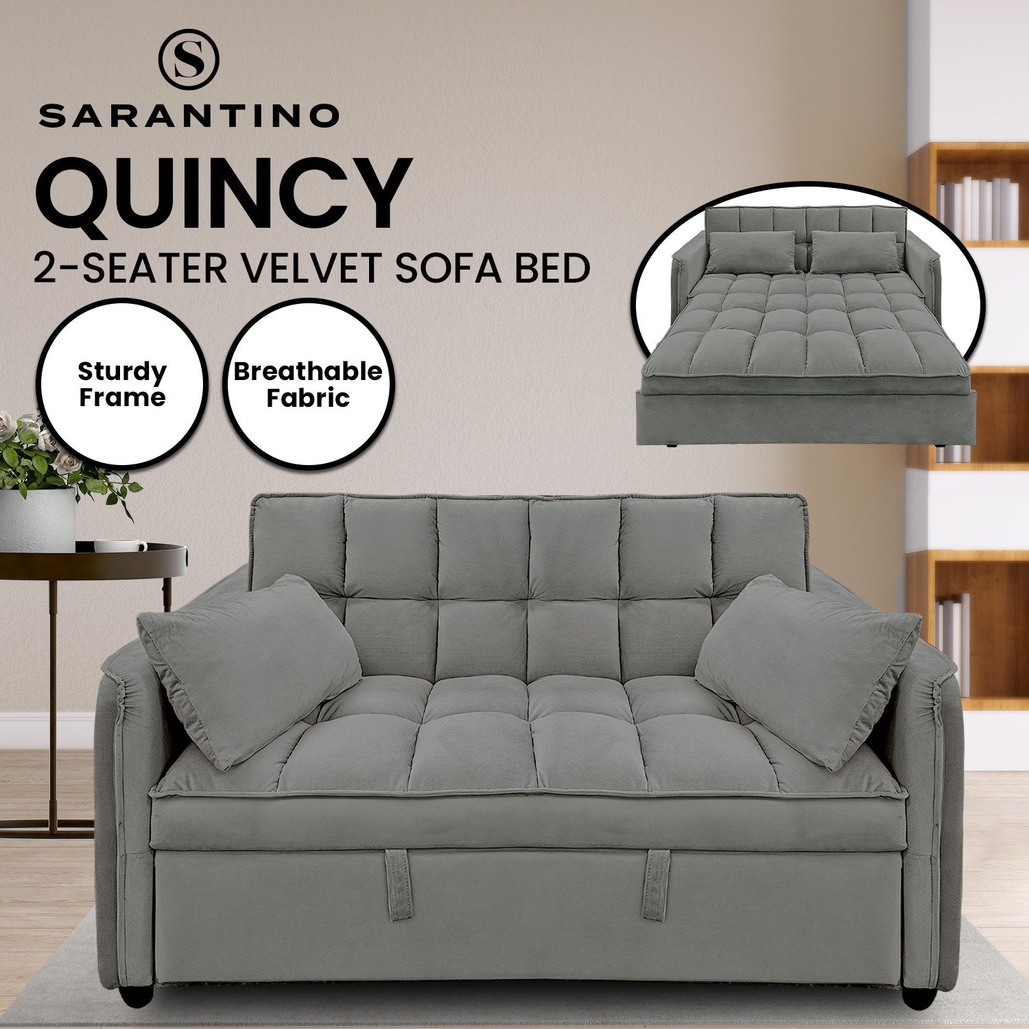 Sarantino Quincy 2-Seater Velvet Sofa Bed in Dark Grey with Wooden Frame and Tufted Design