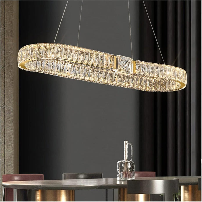 BAMDECOR C3319 Modern Linear Crystal Chandeliers Lighting Fixtures Contemporary Round Chandelier Lighting Fixtures Crystal Pendant Ceiling Lights(Gold-Oval 100cm)