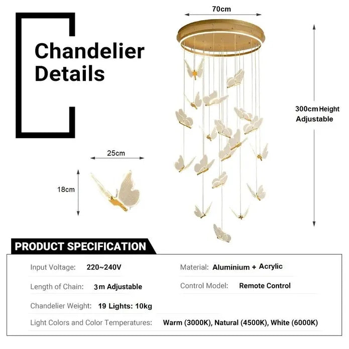 BAMDECOR LT05 19 Nordic Butterfly Luxury Chandeliers Pendant Lights for Villa Stair Home Decoration Modern Style Exquisite Chandelier (Gold)