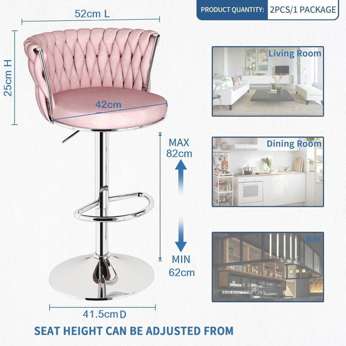 SERENITà Modern Silver Swivel Upholstered Velvet Adjustable Height Counter Stool with Metal Frame Pink (Set of 2)