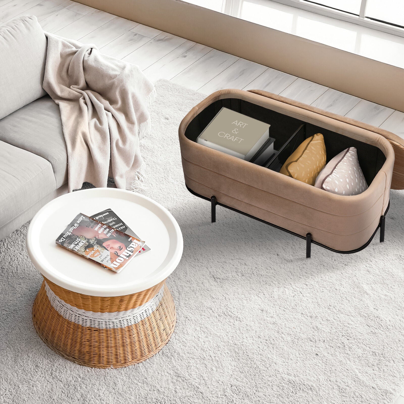La Bella Coffee Table Storage Ottoman - Velvet Blanket Box Bench DEMI - CAMEL BEIGE