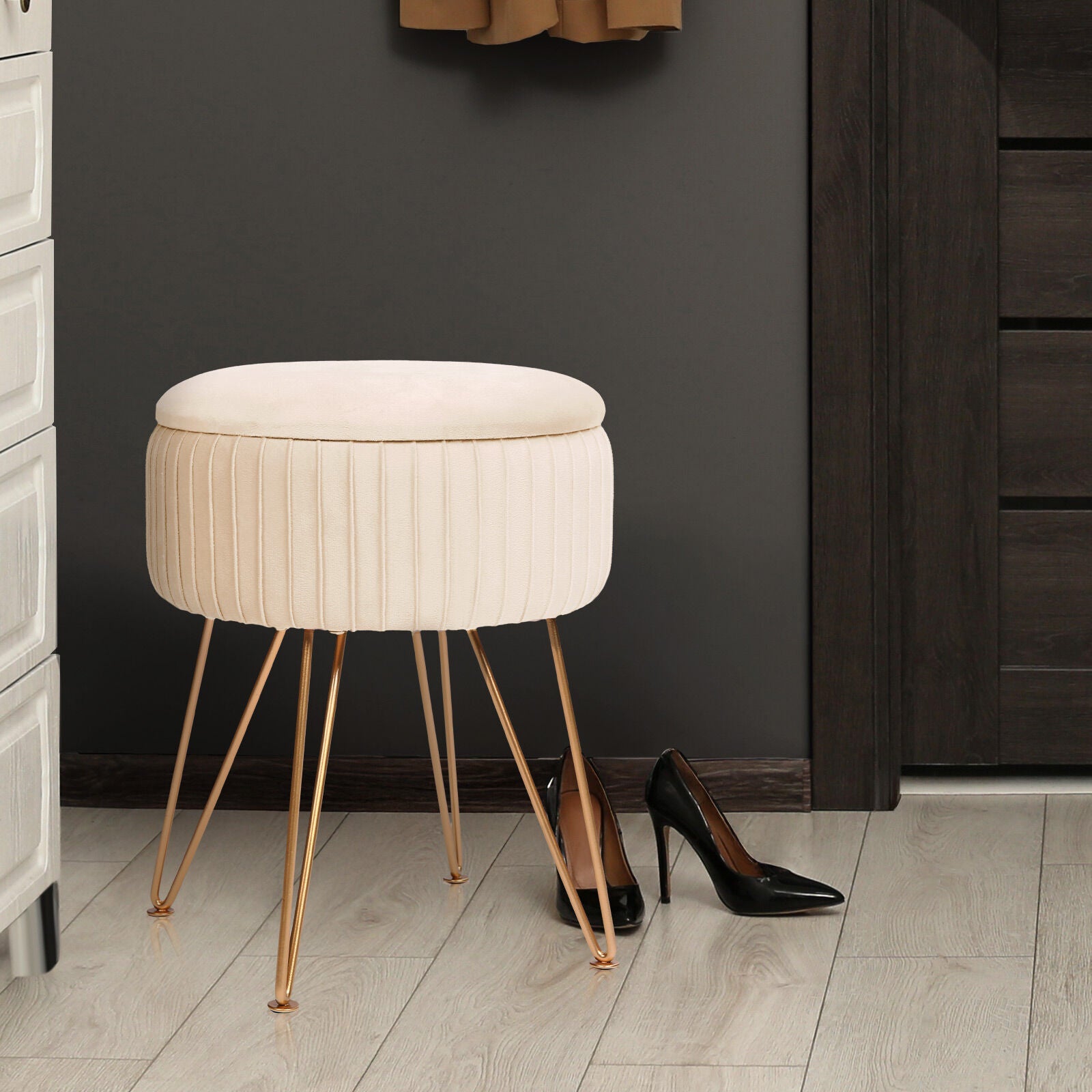 Side Table Storage Ottoman - Velvet Padded Stool Vanity Footstool REMY CREAM BEIGE