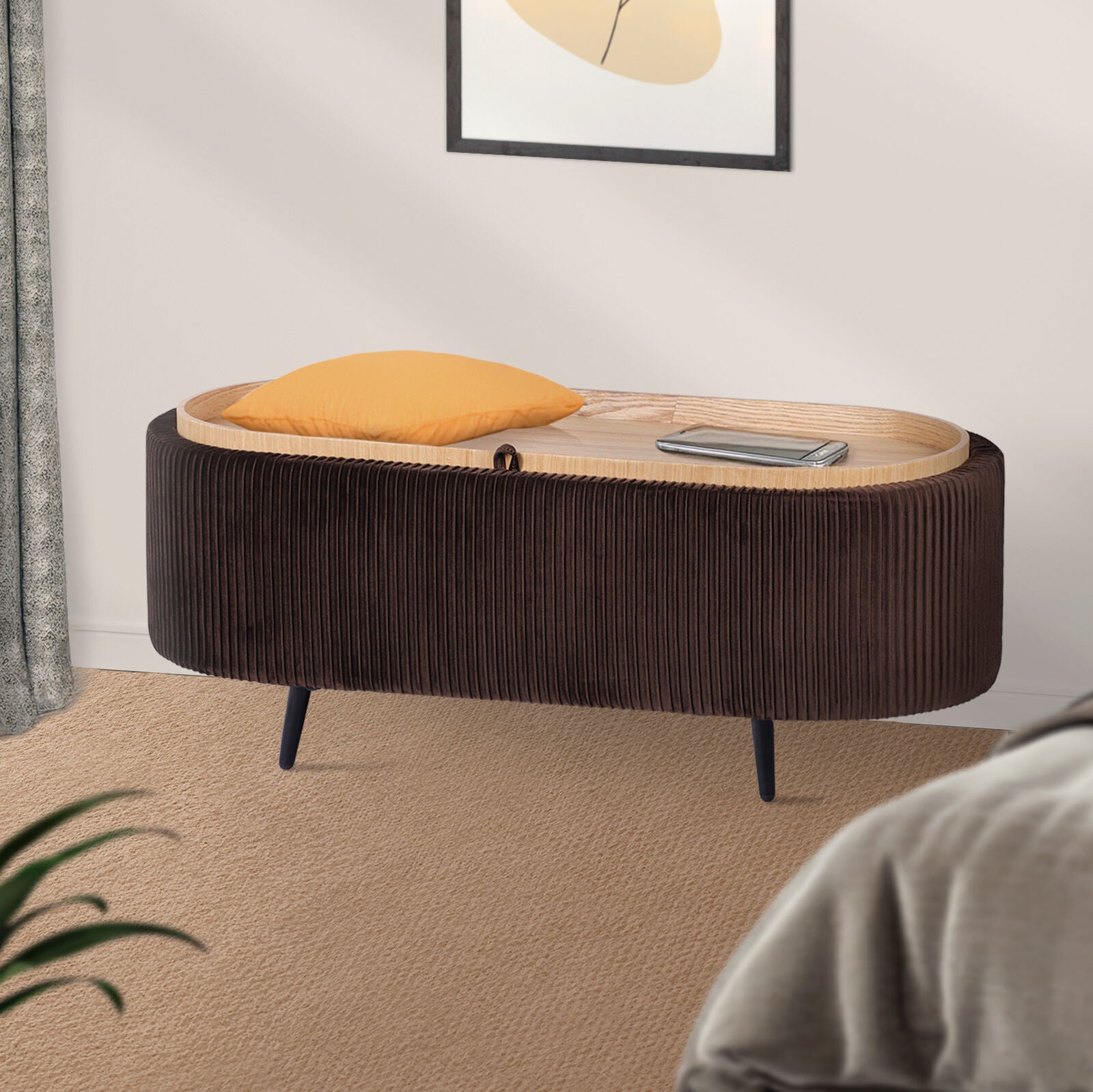 Coffee Table Storage Ottoman - Velvet Padded Blanket Box Bench IRENE BROWN