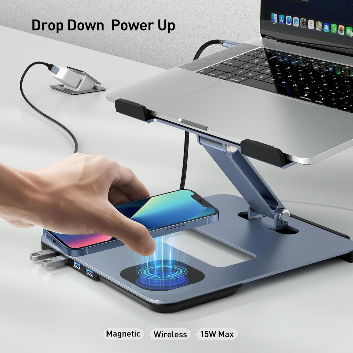 BENFEI 000366GY Laptop Stand with USB C Hub, Multi Function With USB and KVM Switch and 15W Wireless Charger