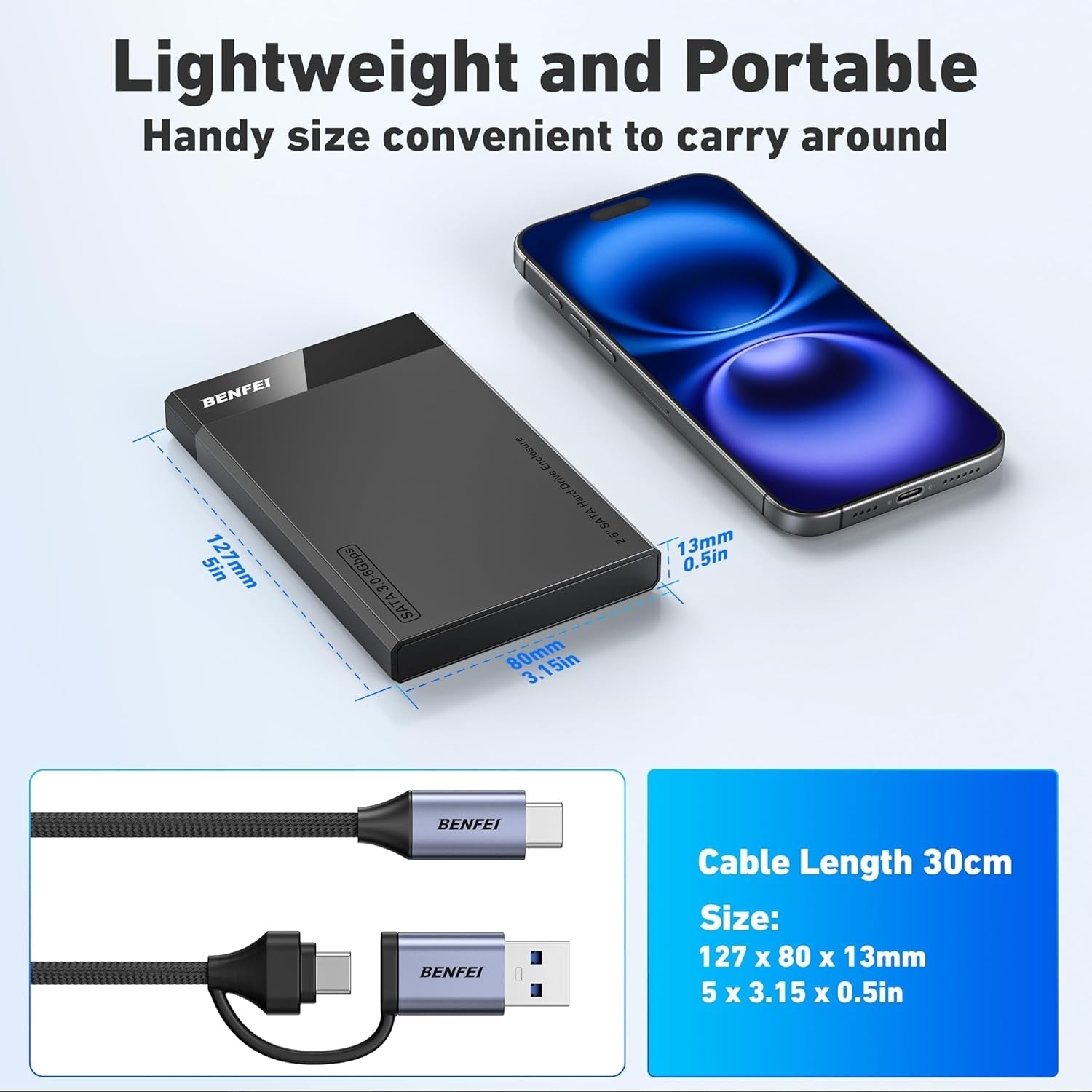 BENFEI 000385BK 2.5 Inch SATA to USB-A + USB-C Tool Free External Hard Drive Enclosure (6Gbps, Optimized for SSD, Support UASP SATA III)