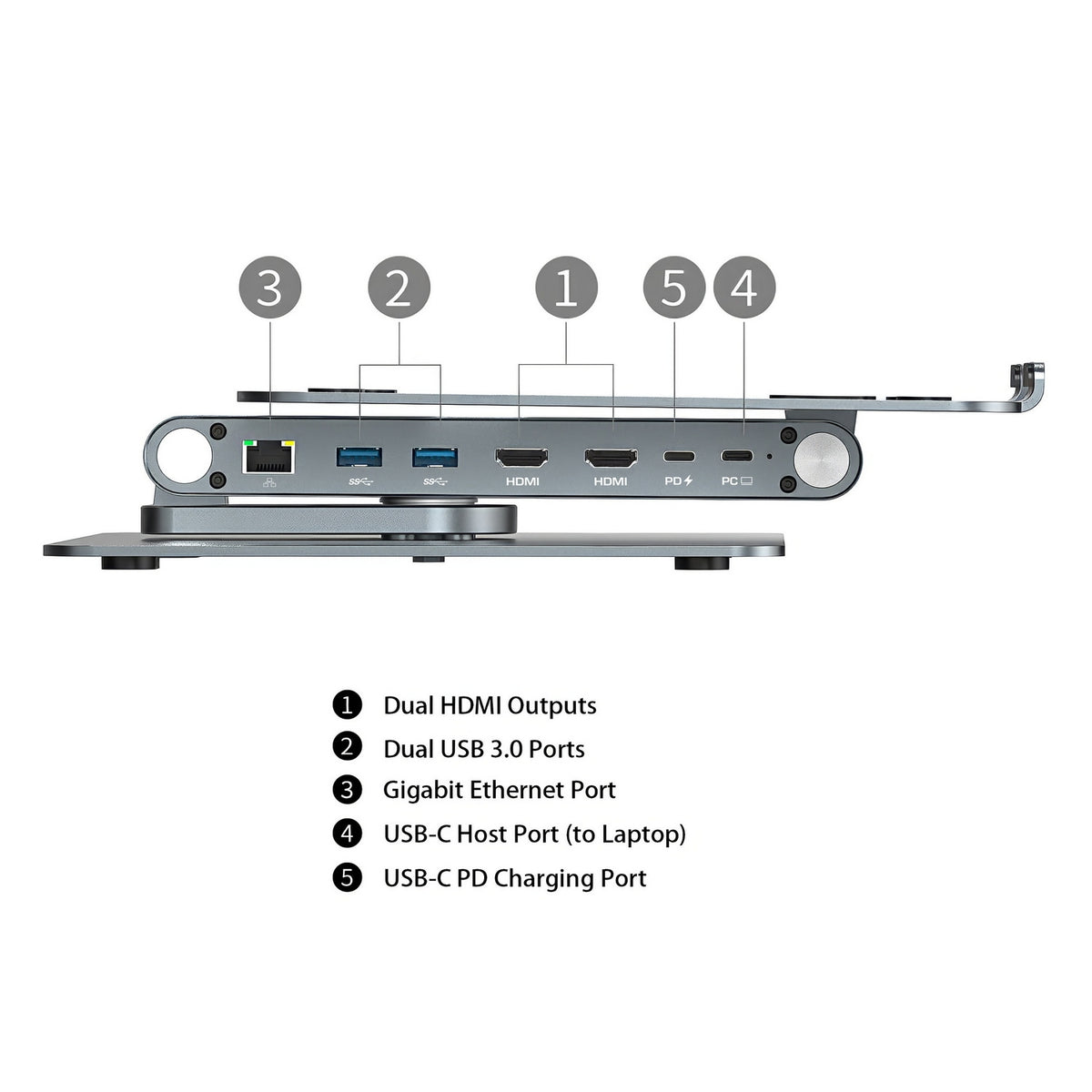 Simplecom CHT660 Adjustable Aluminium Laptop Stand with 6-Port USB-C Docking Station Dual 4K HDMI Display